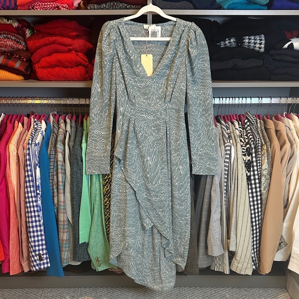 Entro Seaford/white print elastic waistband long sleeve v neck midi dress S NWT